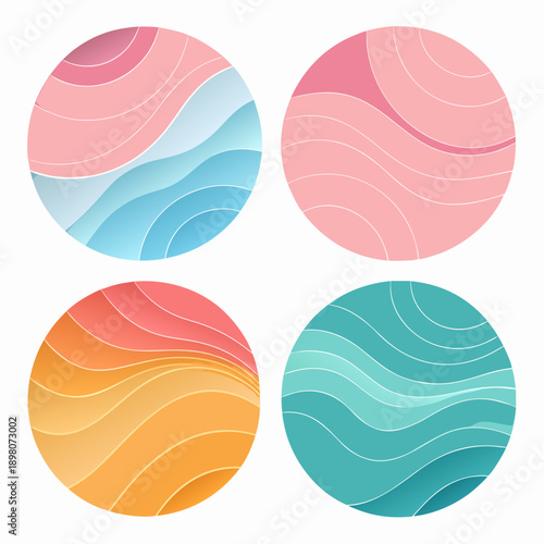 Abstract circular shapes with wavy patterns in various pastel colors, arranged in a grid, illustrating modern design elements and fluid motion, viewed from directly above, 