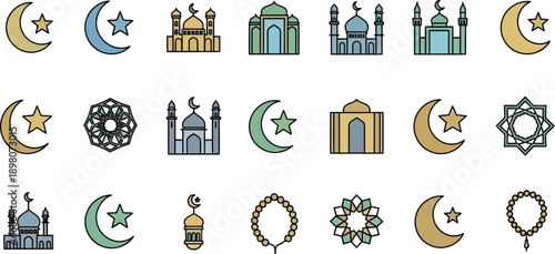 Islamic symbols and mosques icons with crescent moon and star illustrations