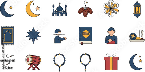 Ramadan icons collection illustration set on white background, featuring cultural and religious symbols, isolated for design use.