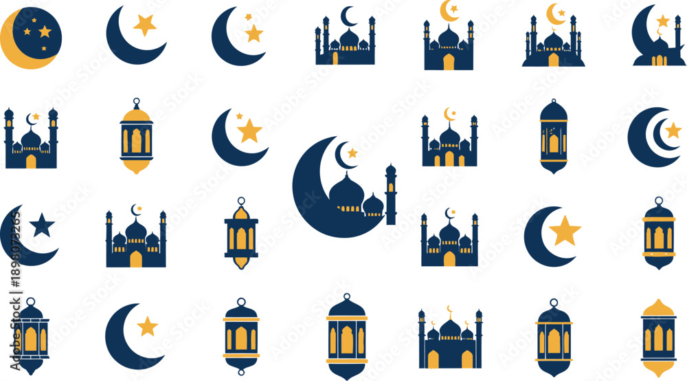 Fototapeta premium Islamic crescent moon and star symbols with mosque illustrations at night 2 (57)