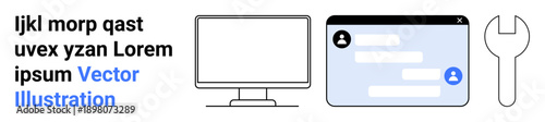 Online communication platforms, user interfaces, software development, tech tools, computer support, digital services. Chat window and tool icon with a computer screen. Online communication and user