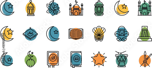 Vibrant icons of Ramadan symbols and mosque architecture on white background 2 (69)