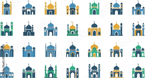 Colorful mosque icons arranged in rows on white background for 2 (68) reference