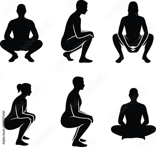 Black silhouettes of people doing squats exercise fitness