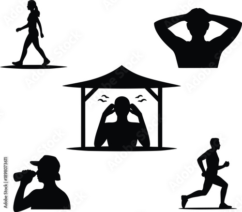 Black silhouettes of people exercising and resting outdoors