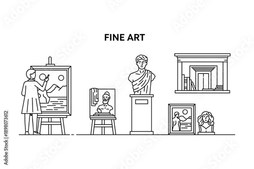 Fine art museum with linear icons of sculpture and painting