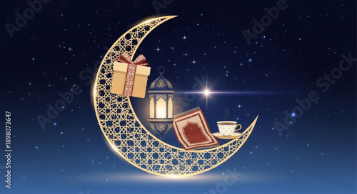 Ramadan crescent moon with lantern gifts book and cup on starry night background