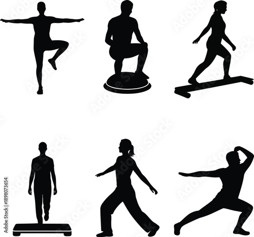 Black silhouettes of people exercising on balance boards