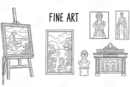 Artistic gallery display with classical paintings and sculptures on easel and frames