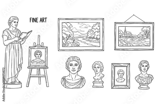 Fine art sketches featuring classical sculptures and landscape paintings