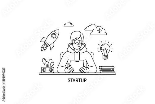 Young innovator working on startup with tablet in minimalist workspace