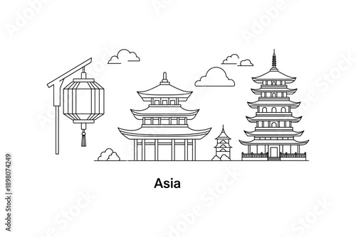 Linear asian architecture with pagodas and lanterns