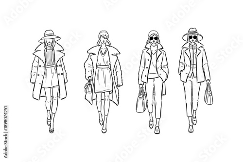 Elegant fashion outfits sketch of four stylish women in trendy outerwear