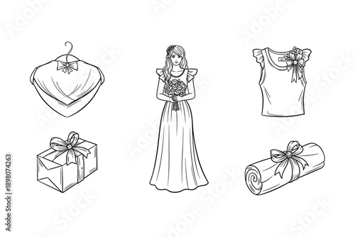 Elegant bride with wedding dress and gift elements in linear black and white design
