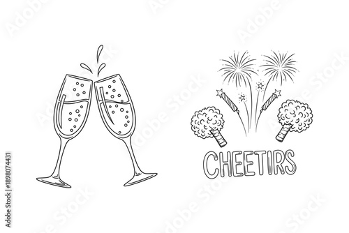 Celebration cheers with clinking glasses and fireworks sketch