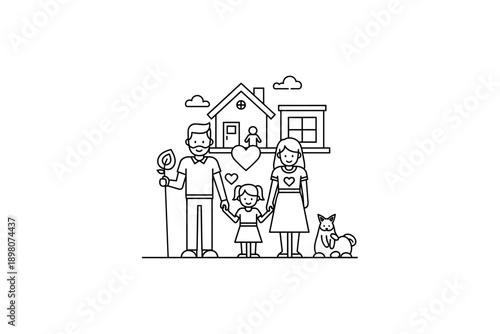 Linear family illustration with house, pets, and nature elements