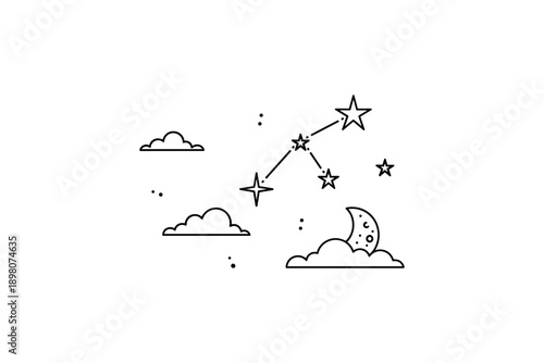 Ursa major night sky with characteristic star pattern in minimalist black and white design