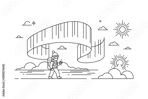 Hiker exploring wilderness with northern lights in minimalist linear art design