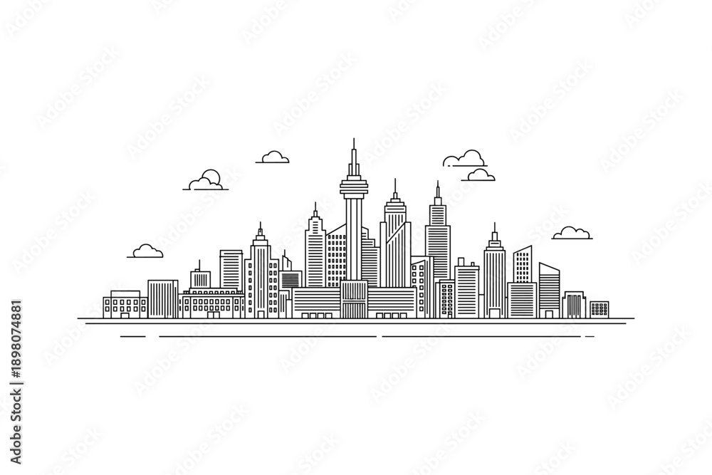 Obraz premium Minimalist linear cityscape with skyscrapers and clouds