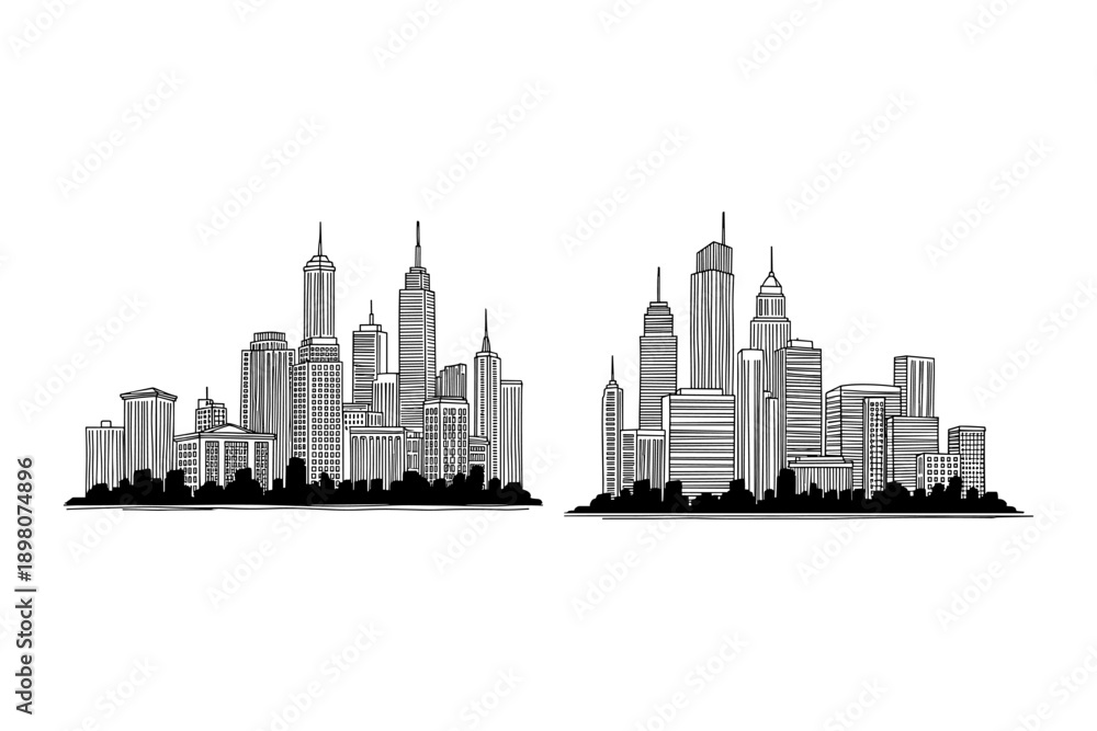 Obraz premium Sketched city skylines of two modern urban landscapes
