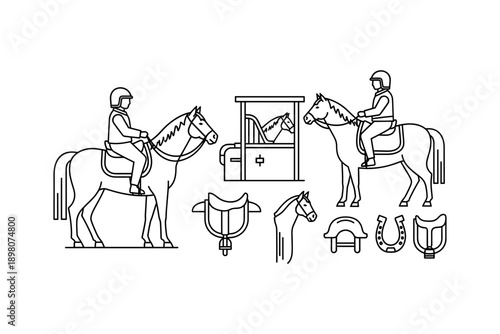 Equestrian outline: horses, riders, and stables in linear style