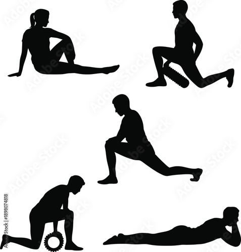 Black silhouettes of people stretching and exercising