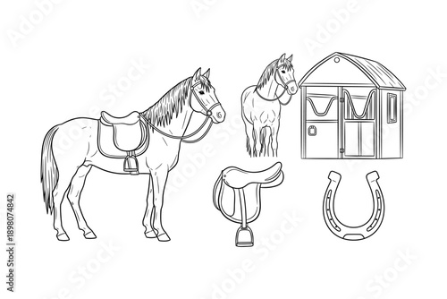 Hand drawn equestrian elements with horses, stable, and saddle