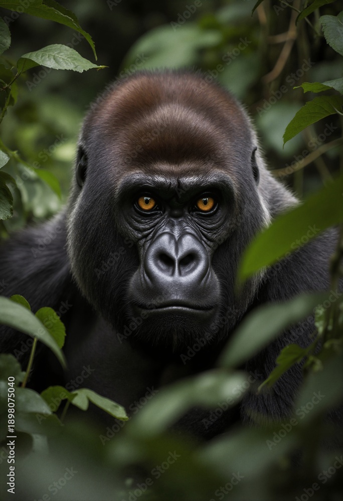 Obraz premium Mountain gorilla with intense golden eyes peering through dense tropical rainforest foliage in natural wildlife habitat for conservation awareness campaigns