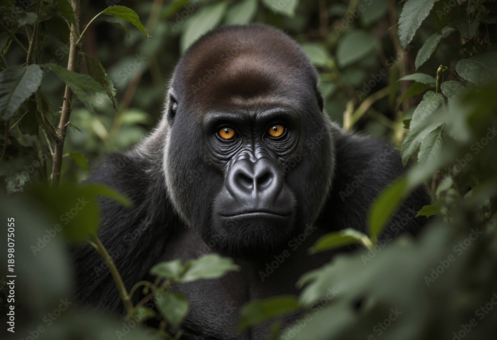 Obraz premium Mountain gorilla with intense golden eyes peering through dense tropical rainforest foliage in natural wildlife habitat for conservation awareness campaigns