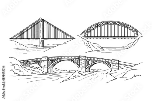 Black and white linear drawings of various bridge designs