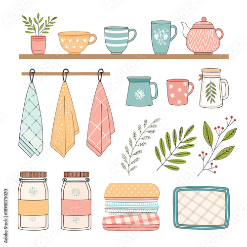 Assorted kitchen items including cups mugs towels and jars displayed on a shelf and hanging from hooks in a domestic setting illustration