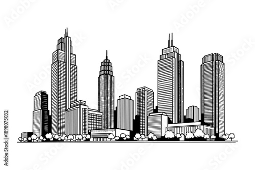 Modern urban cityscape with tall buildings and trees in black and white