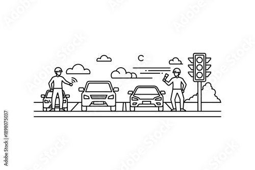Linear traffic scene with cars and traffic lights in urban setting