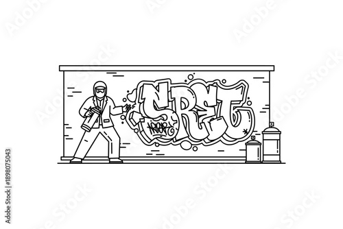 Linear urban art: street artist creating colorful graffiti mural