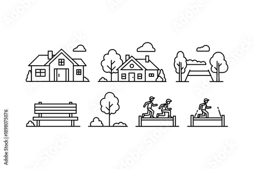 Linear suburban landscape with houses, trees, and joggers in simple line art style