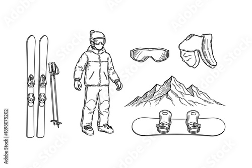 Winter sports equipment and apparel sketch with skis, snowboard, and mountain