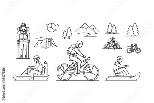 Outdoor adventure activities in linear design with hiking, cycling, and kayaking