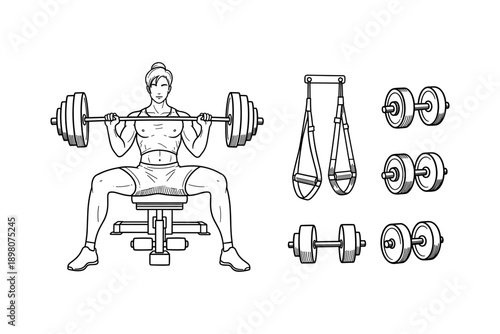 Female weightlifting workout with gym equipment in black and white line art