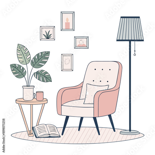 A pink armchair and floor lamp on a rug beside a table with a potted plant and open book in a cozy interior scene from a slightly elevated viewpoint.