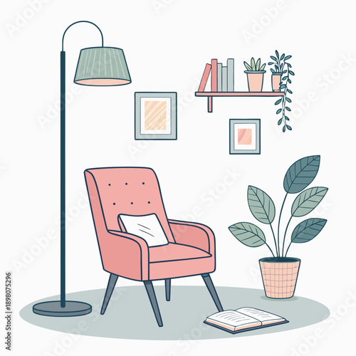 Cozy reading nook with chair, lamp, and plants in a serene indoor setting viewed from a slight angle
