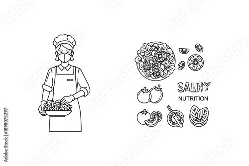 Chef preparing healthy salad ingredients with fresh vegetables in linear style