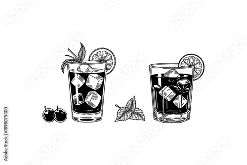 Refreshing black and white sketch of iced beverages with lemon and mint