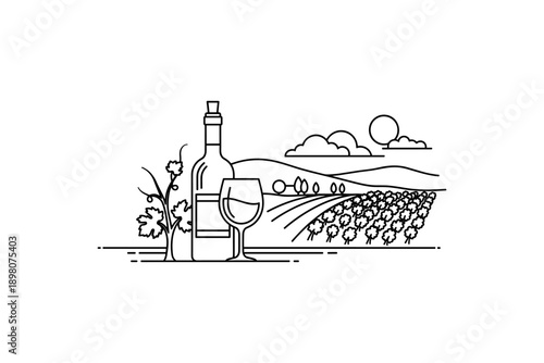 Linear vineyard landscape with wine bottle and glass