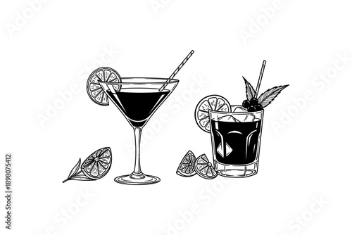 Cocktail silhouette: martini and whiskey glasses with lemon garnish design