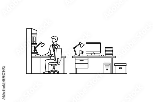Minimalist office workspace with man working at desk in linear style