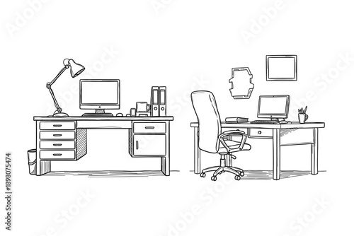 Hand drawn office desk setup with computer and chair in minimalist style