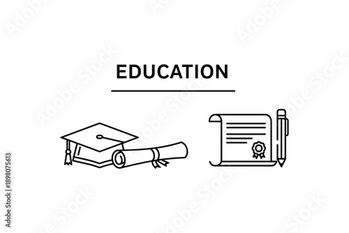 Minimalist outline design of education elements with graduation cap and diploma