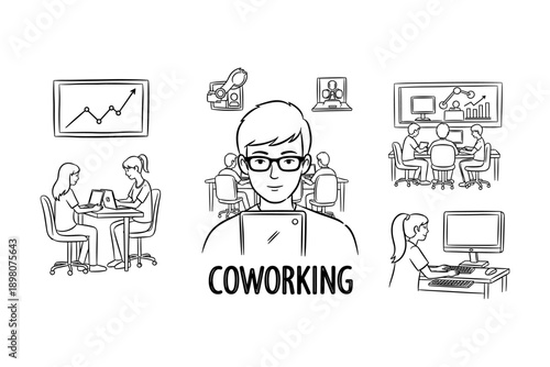 Collaborative office environment: modern coworking space with technology and teamwork