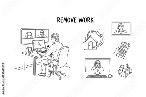 Remote work concept with video calls and home office setup in linear style