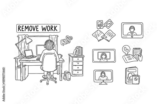 Remote work concept in linear style with diverse office and communication icons